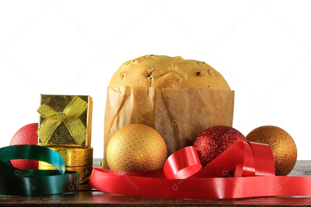 Panetone comida decorativa na mesa de madeira com luzes desfocadas no fundo