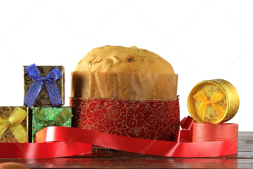 panetone, comida decorativa, na mesa de madeira, luzes desfocadas no fundo, vista frontal