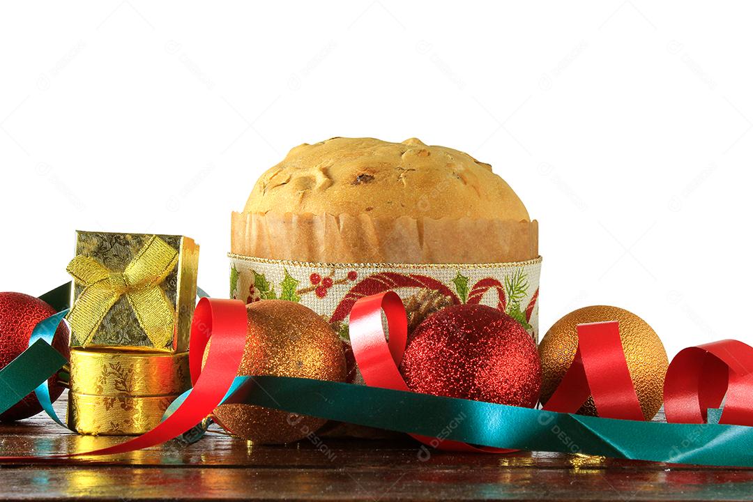 Panetone, Comida Decorativa, Na Mesa De Madeira, Fundo Branco