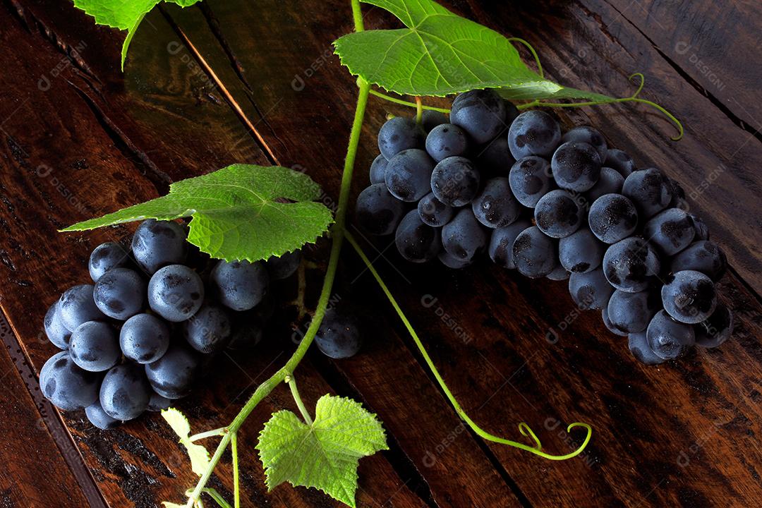 cachos de uvas frescas com galhos e folhas na mesa de madeira rústica