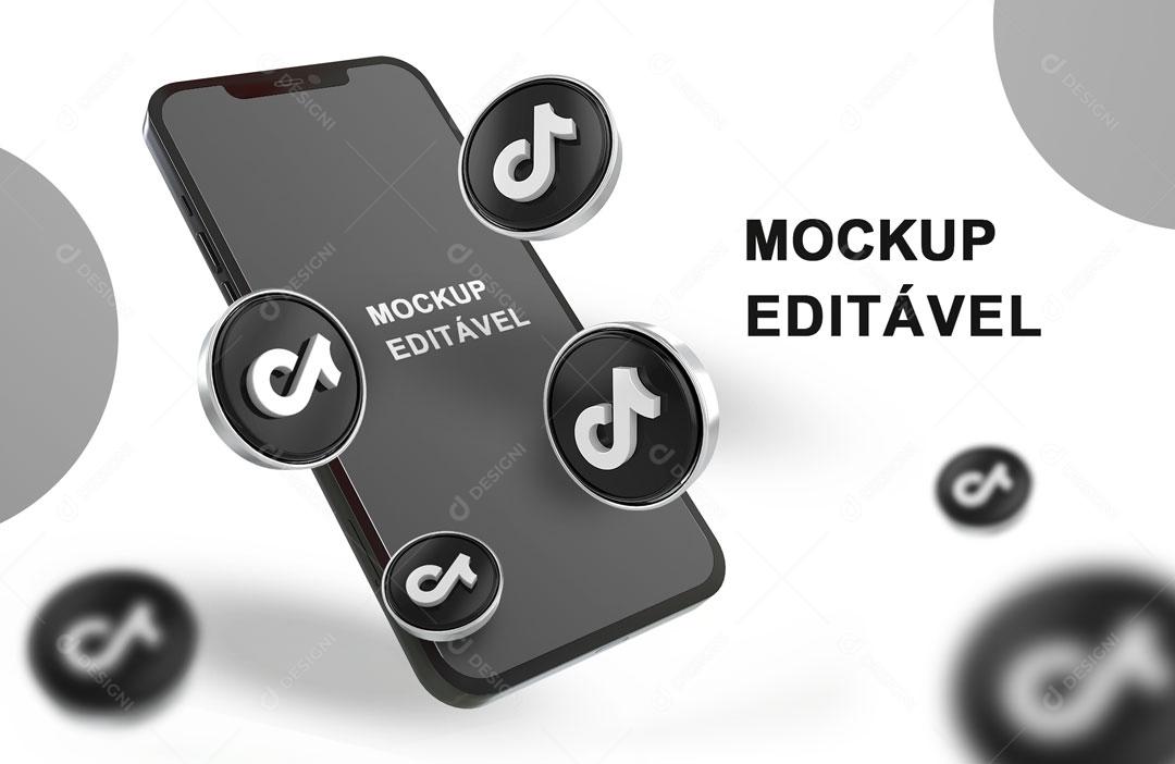 Mockup 3D Celular Tiktok Redes Sociais PSD Editável