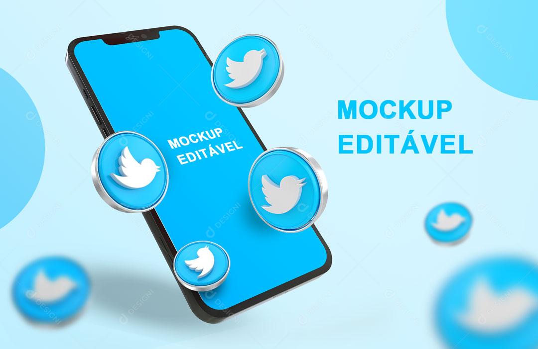 Mockup 3D Celular Twitter Redes Sociais PSD Editável