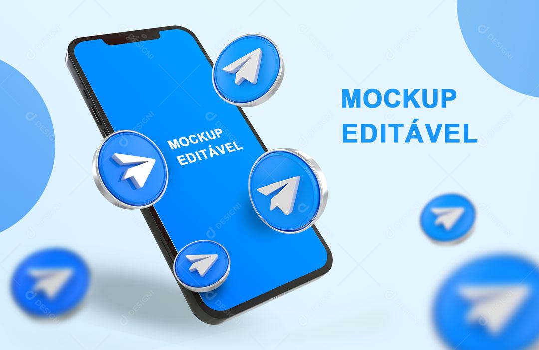 Mockup 3D Celular Telegram Redes Sociais PSD Editável