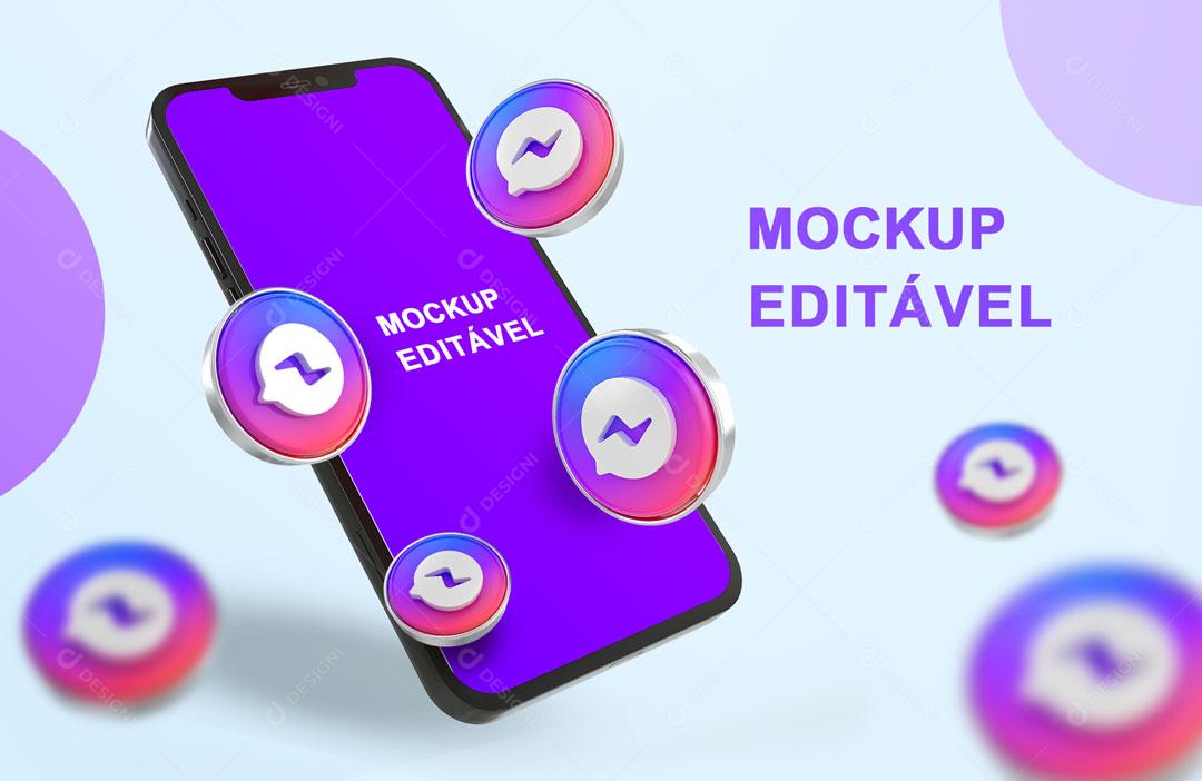 Mockup 3D Celular Messenger Redes Sociais PSD Editável