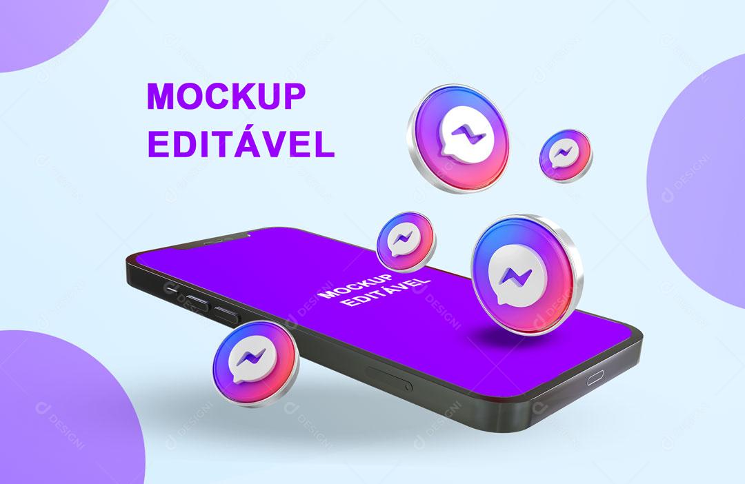 Mockup 3D Celular Messenger Redes Sociais PSD Editável