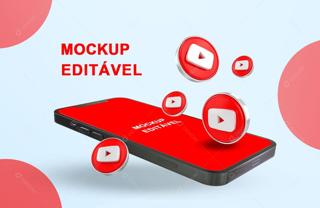 Mockup 3D Celular Youtube Redes Sociais PSD Editável