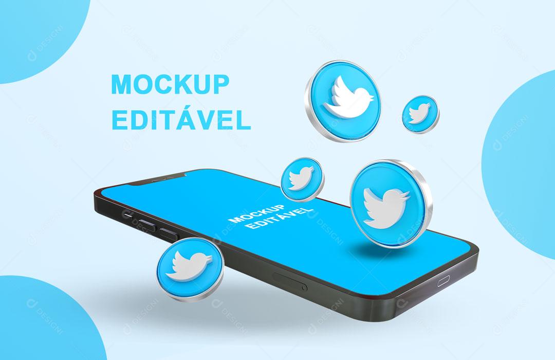 Mockup 3D Celular Twitter Redes Sociais PSD Editável