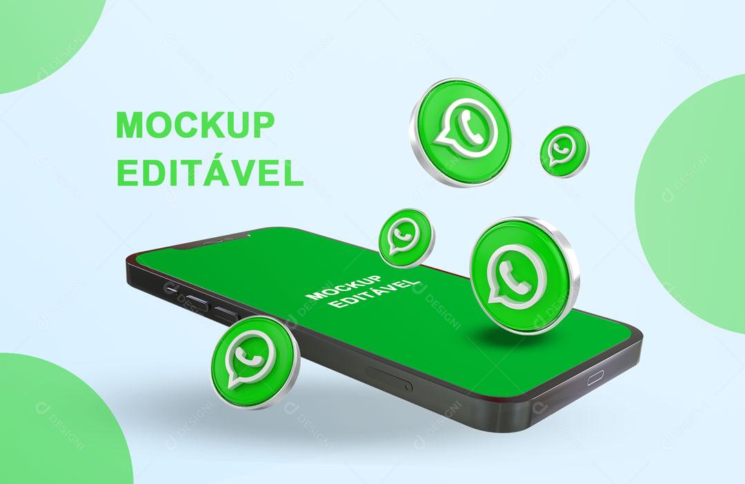 Mockup 3D Celular WhatsApp Redes Sociais PSD Editável