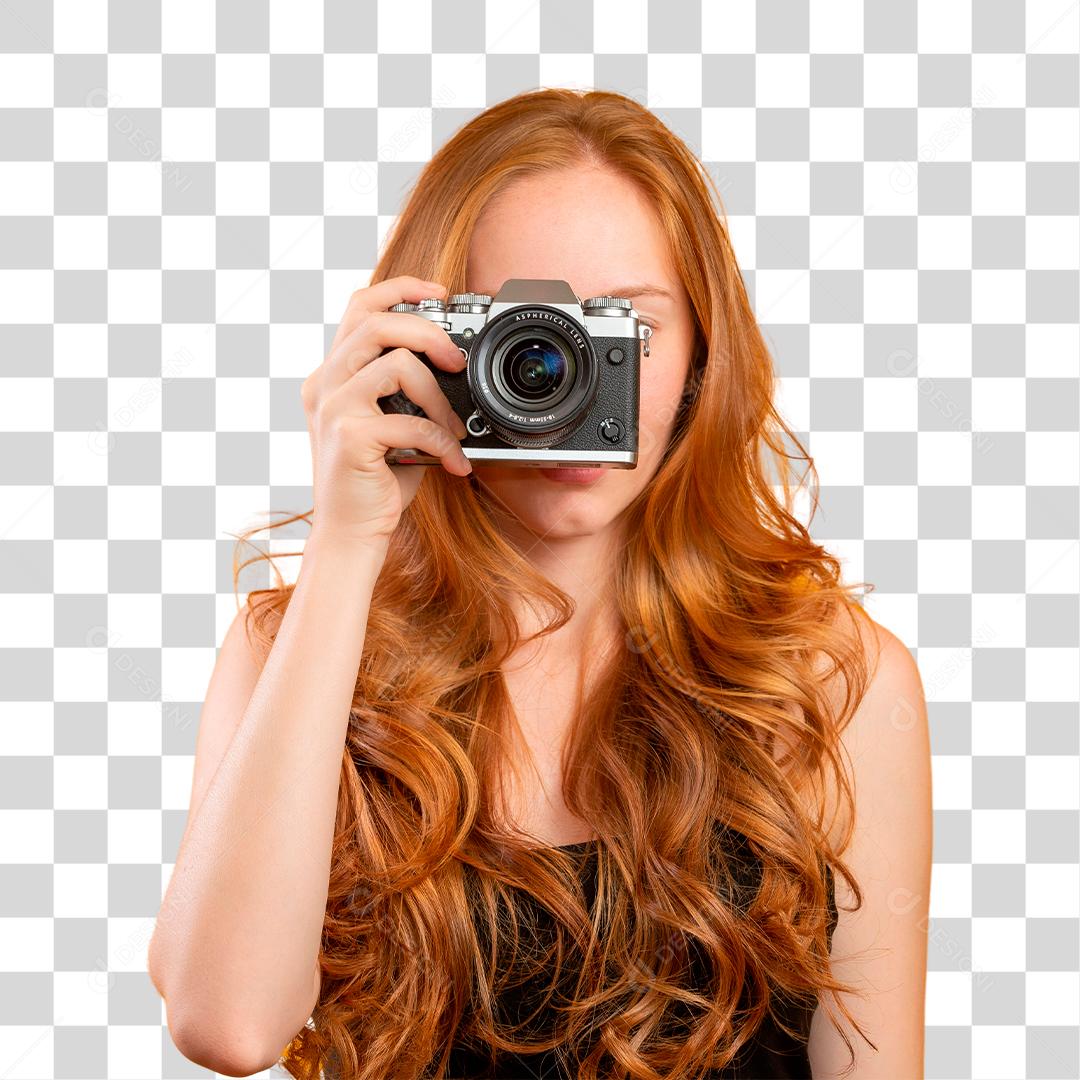 Mulher ruiva segurando a câmera vintage retrô PNG Transparente