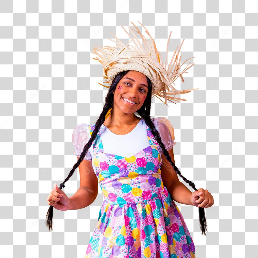 Mulher morena segurando suas tranças festa junina são joão