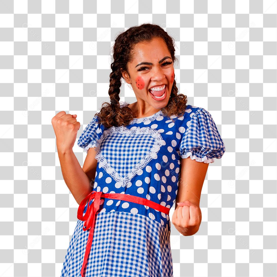 Mulher morena com traje de festa junina alegre São João