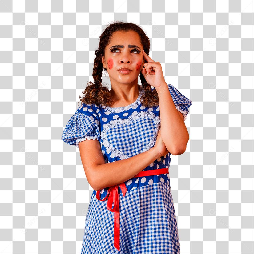 Mulher com traje de festa junina pensativa São João