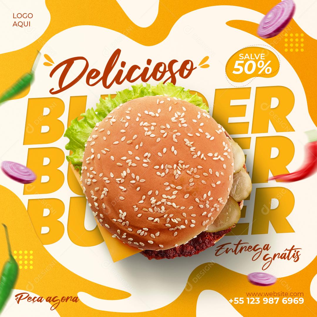 Social Media Delicioso Burguer 50% de Desconto Hambúrgueria PSD Editável