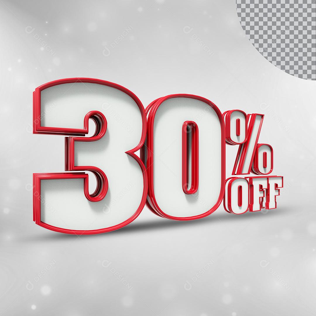 Número 3D 30% Off Branco com Textura Vermelha Elemento para Composição PSD