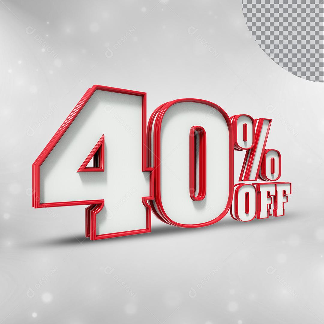 Número 3D 40% Off Branco com Textura Vermelha Elemento para Composição PSD