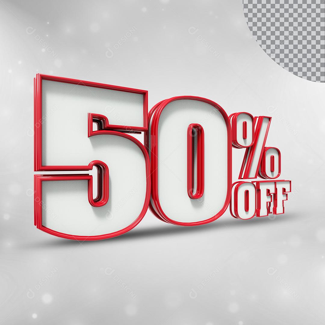 Número 3D 50% Off Branco com Textura Vermelha Elemento para Composição PSD