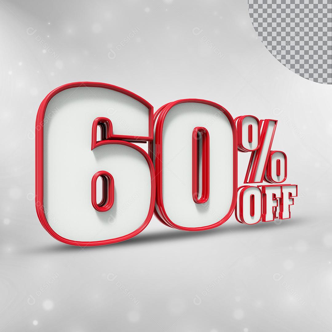 Número 3D 60% Off Branco com Textura Vermelha Elemento para Composição PSD