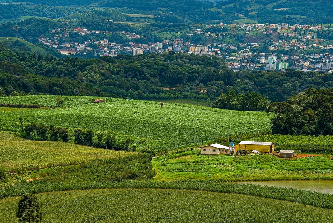 imagem de fazenda vista de cima de montanha