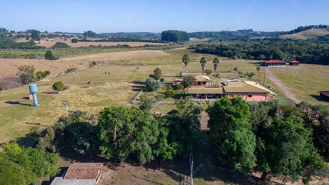 Vista aérea de um milharal na zona rural. Em uma fazenda no Brasil.