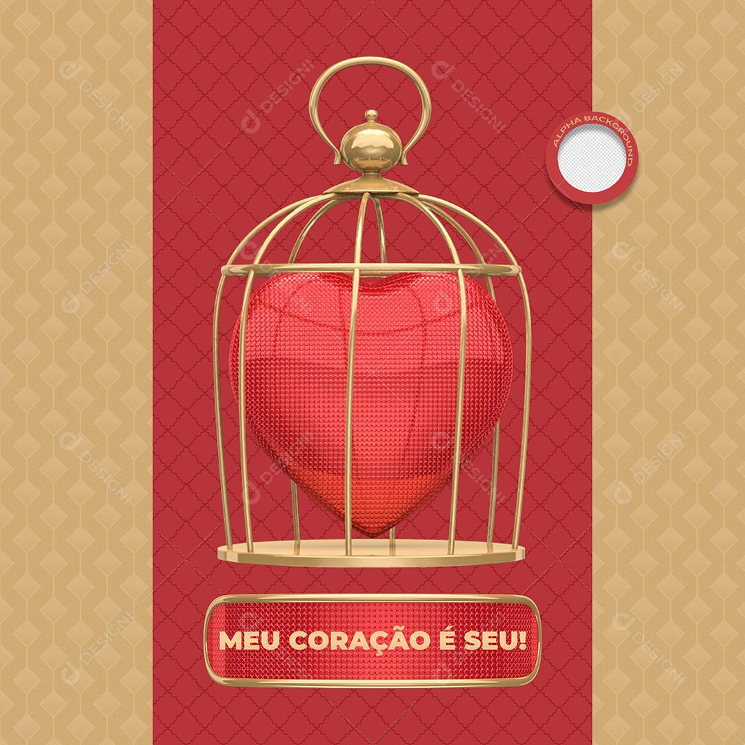 Coração Vermelho na Gaiola Dourada Elemento 3D PSD