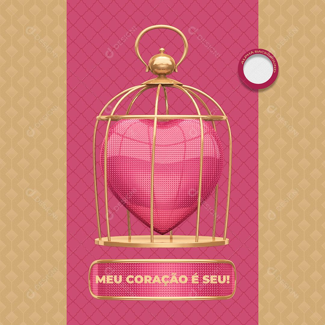 Coração Rosa na Gaiola Dourada Elemento 3D PSD