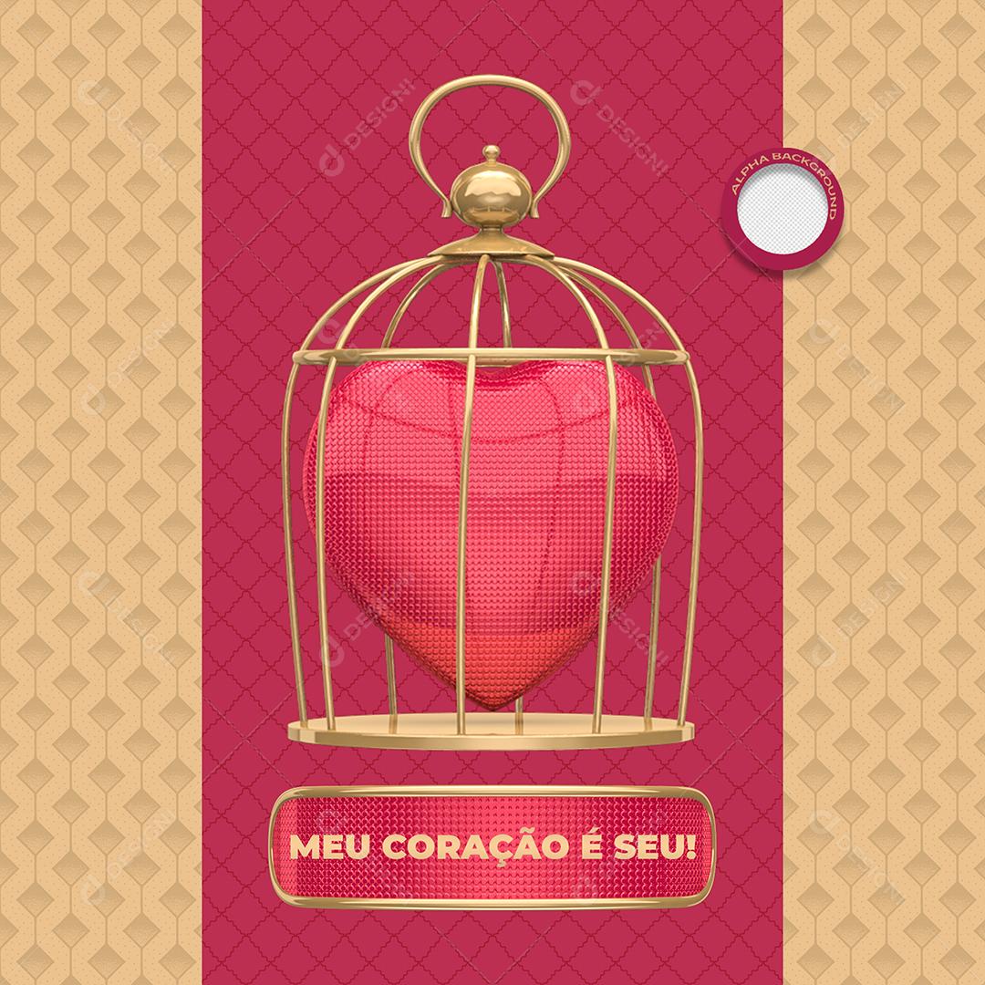 Elemento 3D Coração Rosa na Gaiola Dourada PSD