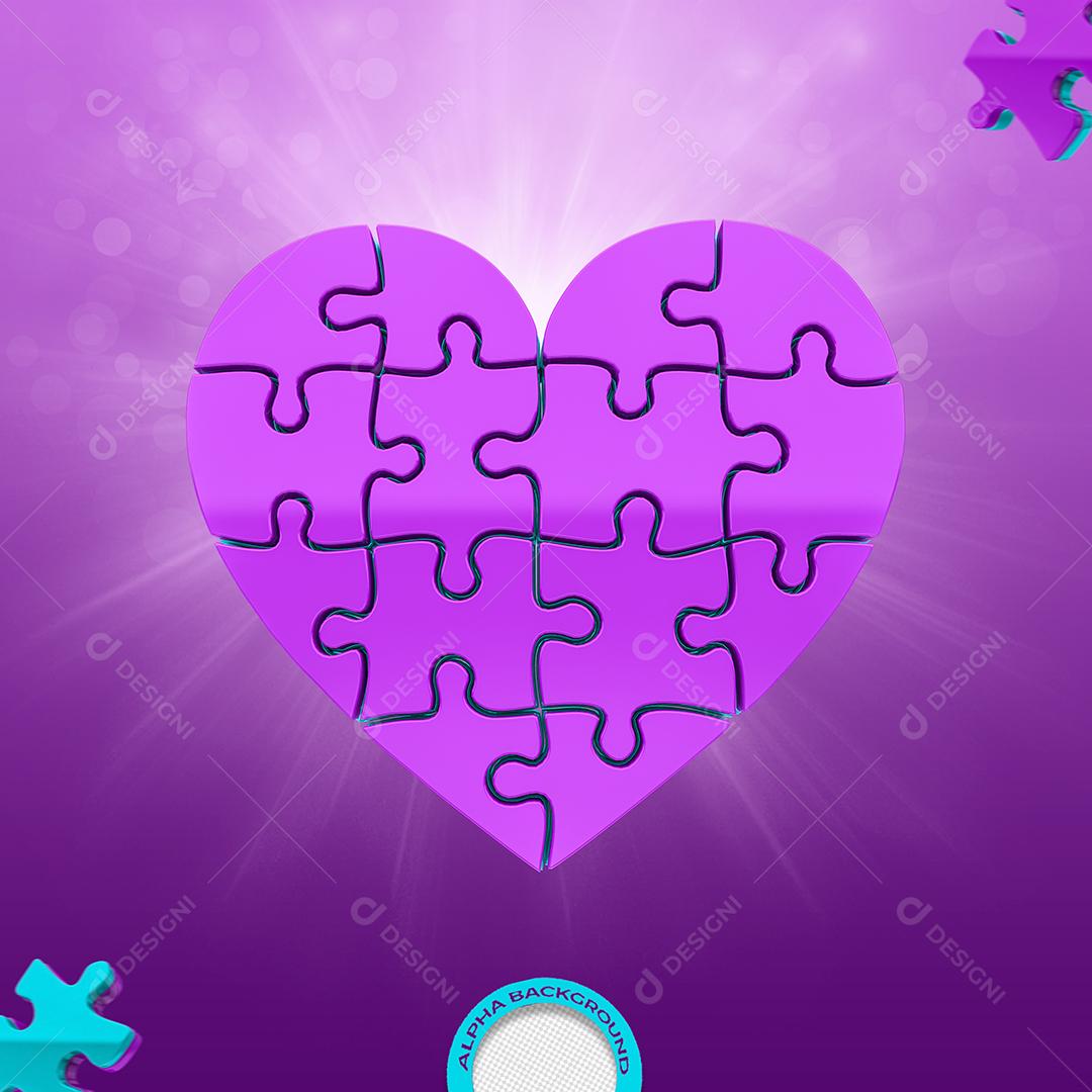 Coração Roxo do Dia dos Namorados Elemento 3D para Composição PSD