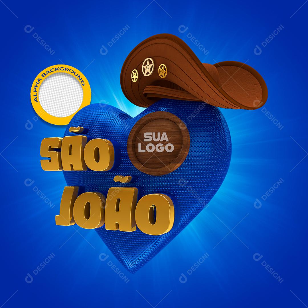 Selo 3D São João com Coração Azul para Composição PSD