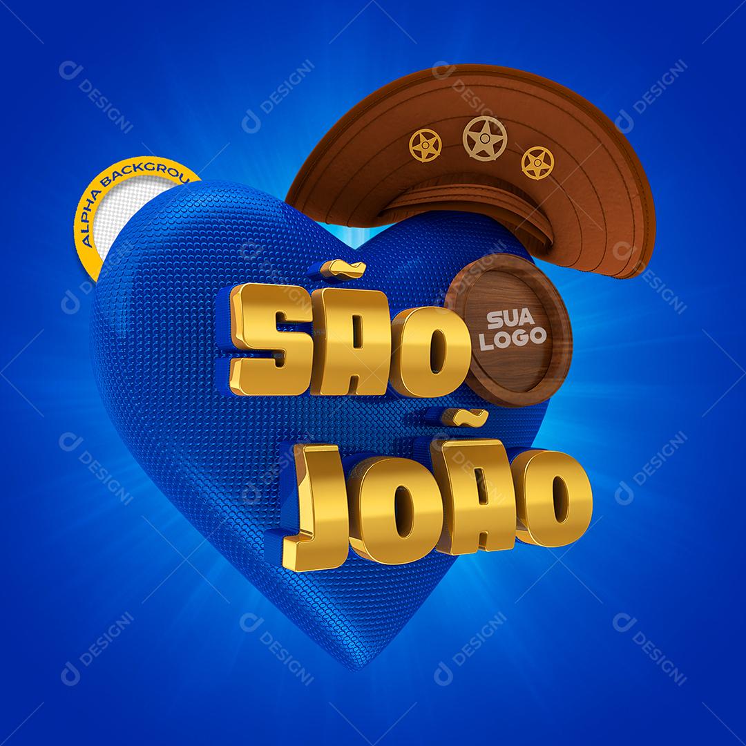 São João com Coração Azul Selo 3D para Composição PSD