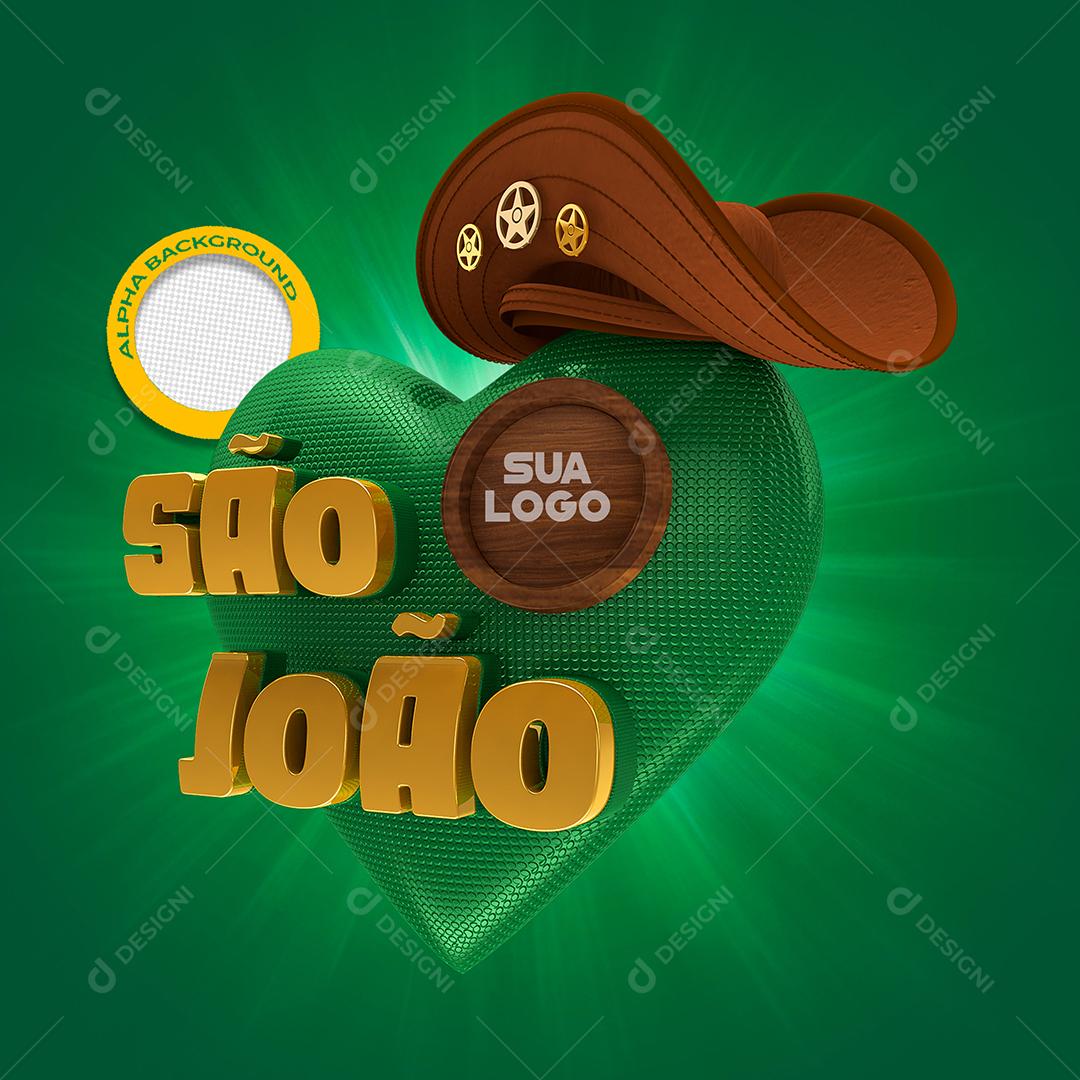 Selo 3D São João com Coração Verde para Composição PSD