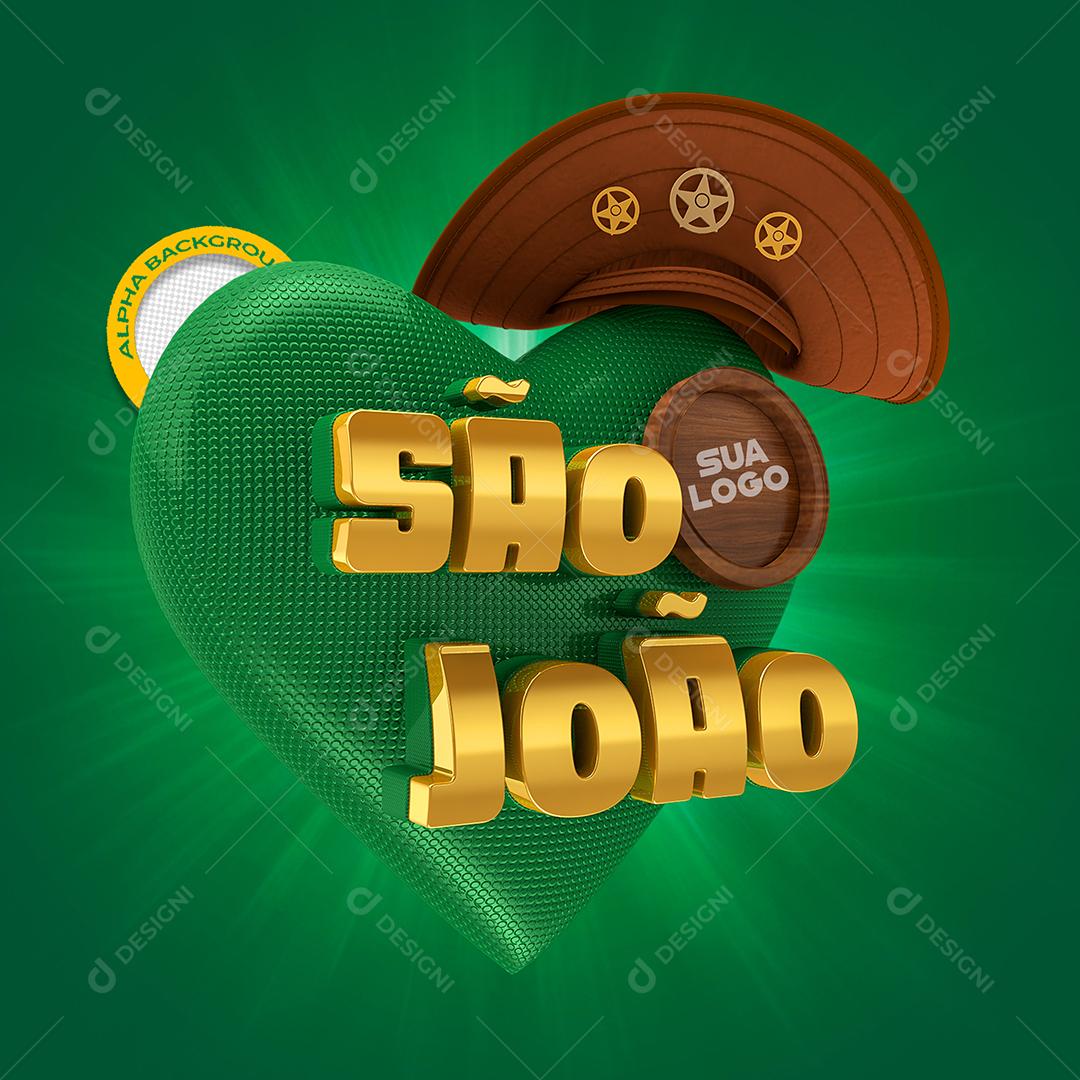 São João com Coração Verde Selo 3D para Composição PSD