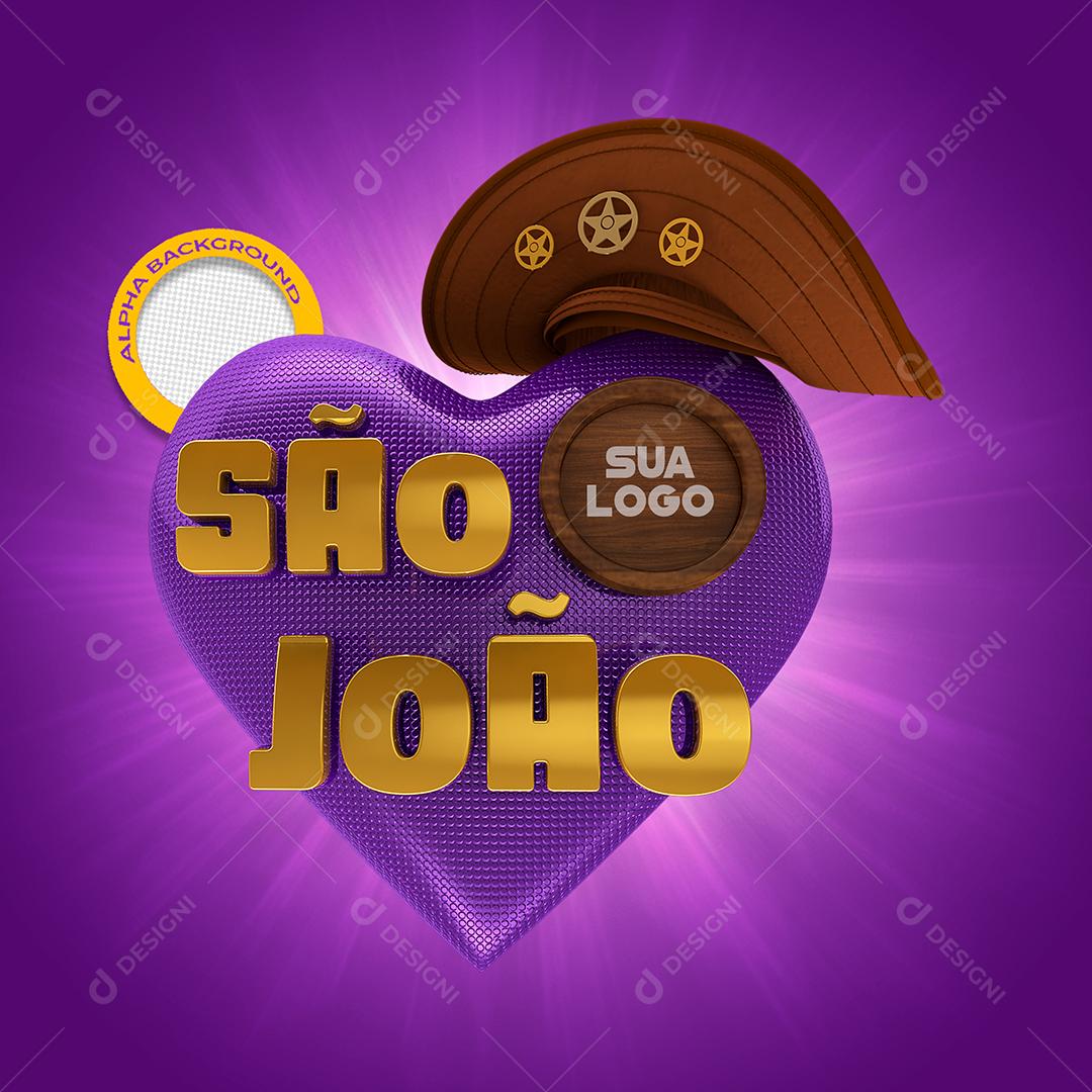 São João com Coração Roxo Selo 3D para Composição PSD