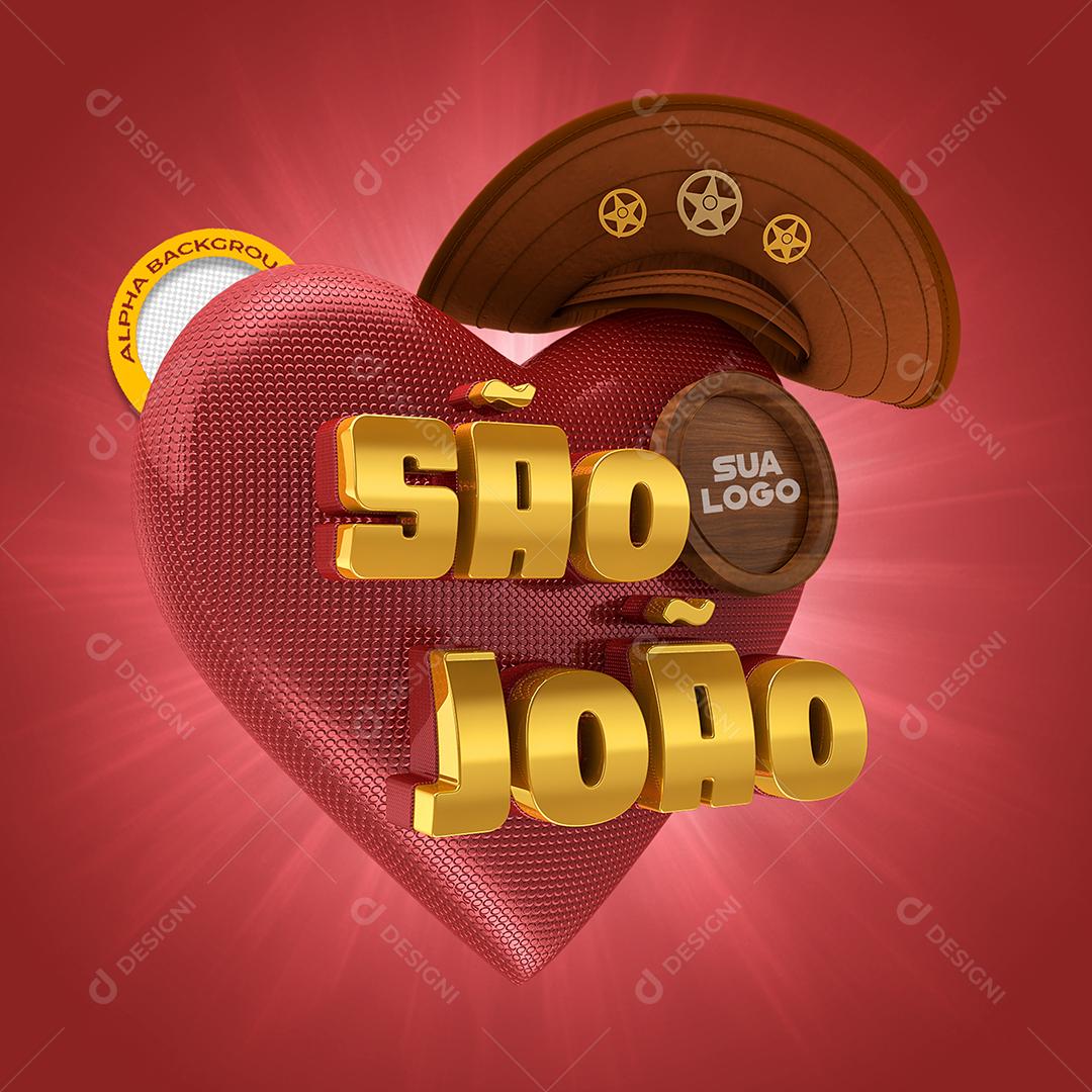 Selo 3D São João com Coração Rosa para Composição PSD