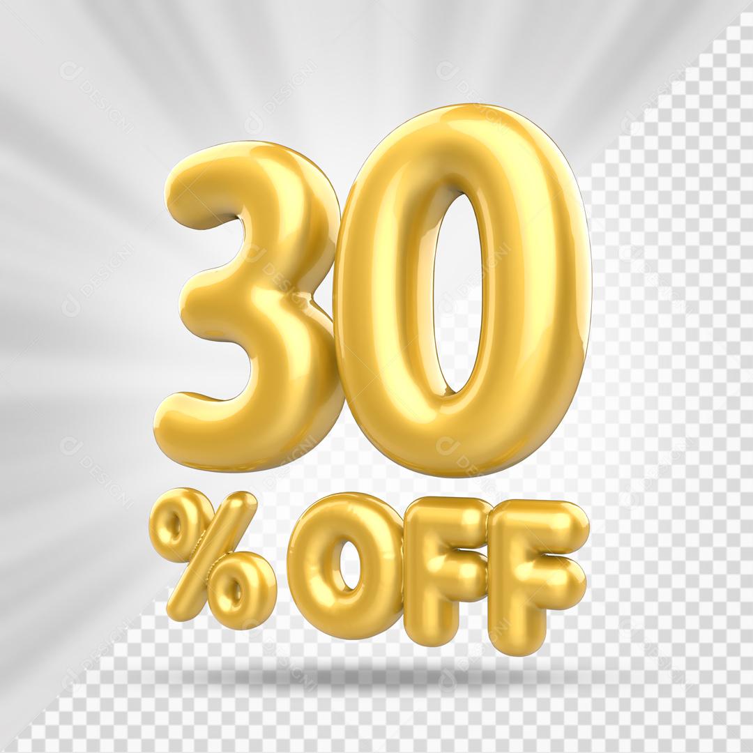 Número 3D 30% Off Dourado Elemento PSD