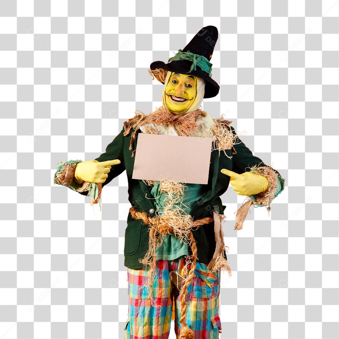 Espantalho da festa junina apontando apontando placa de papel