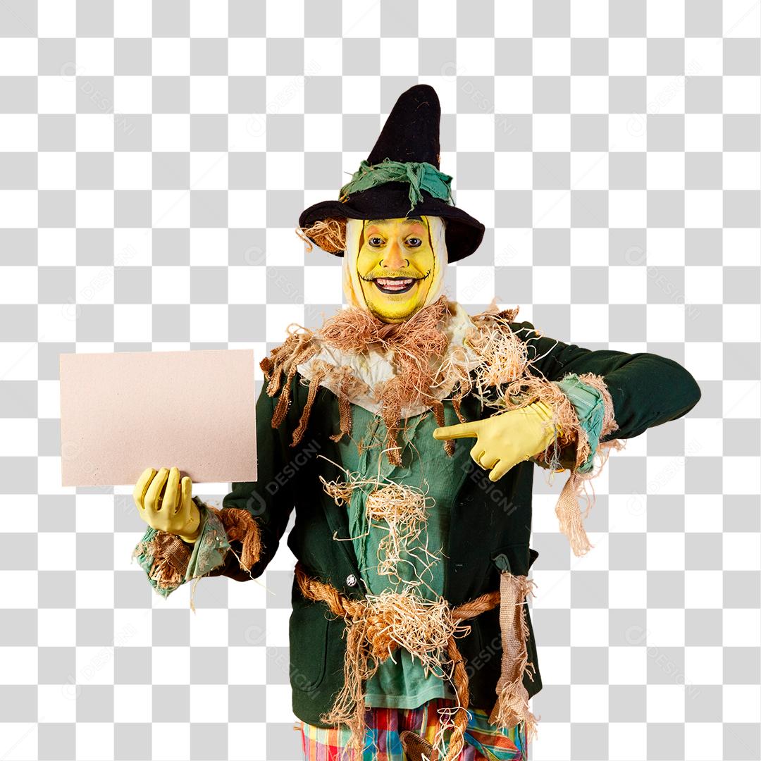 Espantalho de festa junina sorrindo e apontando para placa de madeira São João