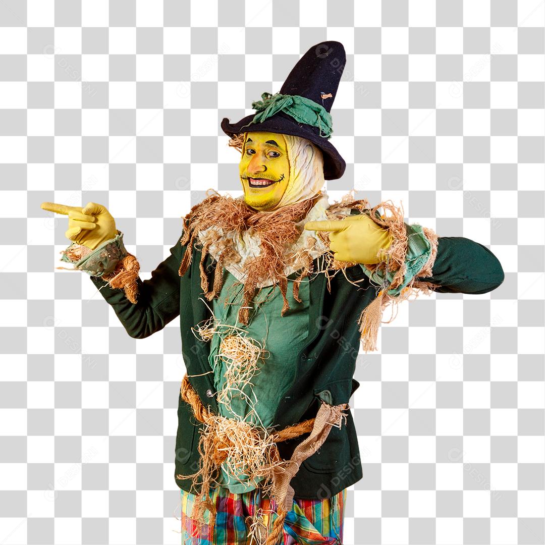 Espantalho de festa junina apontando para o lado