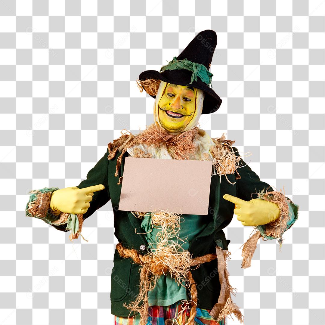 Espantalho da festa junina apontando para placa de papel