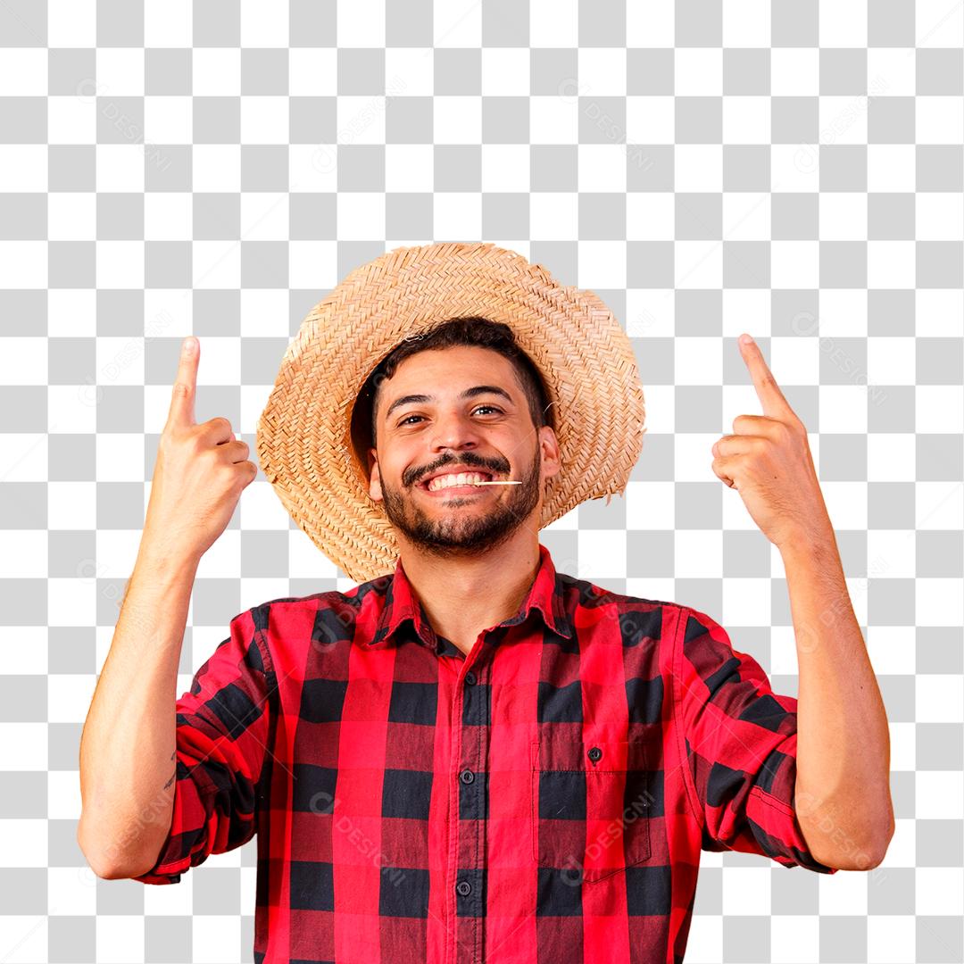 Homem vestindo roupas para a Festa Junina apontando para o lado com espaço para texto