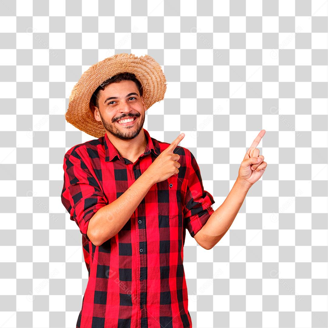 Homem brasileiro vestindo roupas típicas para a Festa Junina apontando para o lado