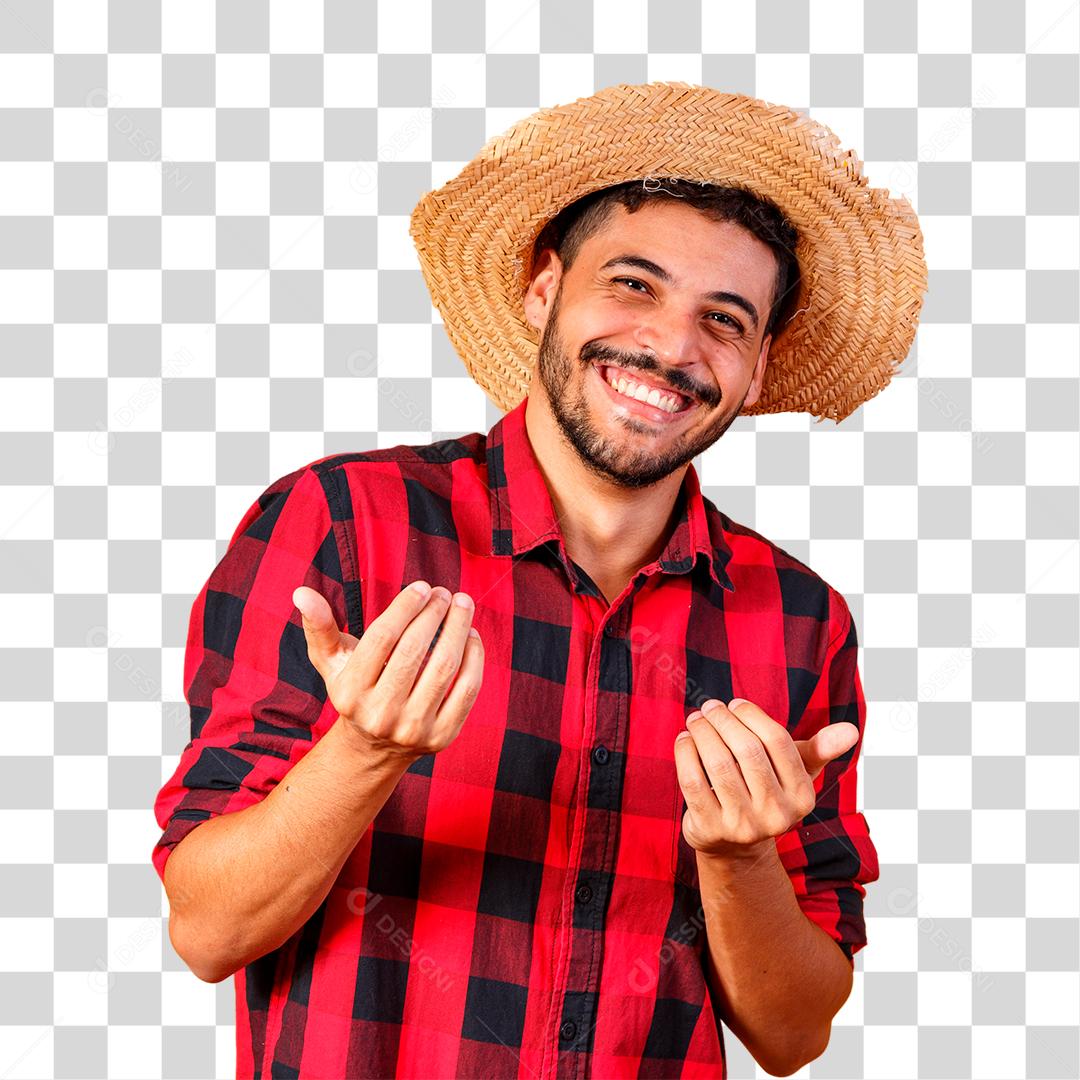 Homem brasileiro vestindo roupas típicas para a Festa Junina chamando para São João