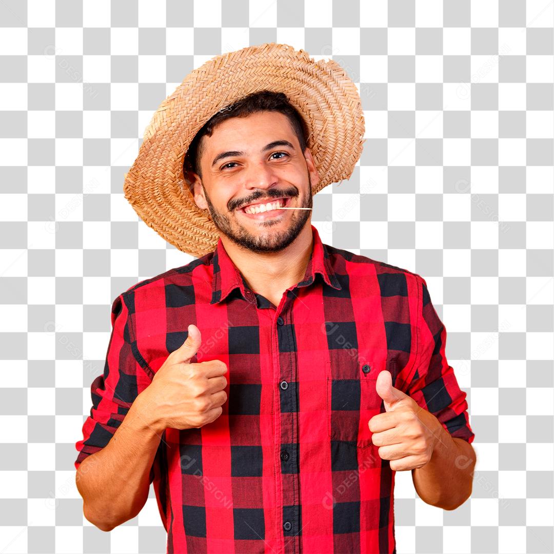 homem vestido com roupa de festa junina com polegar para cima