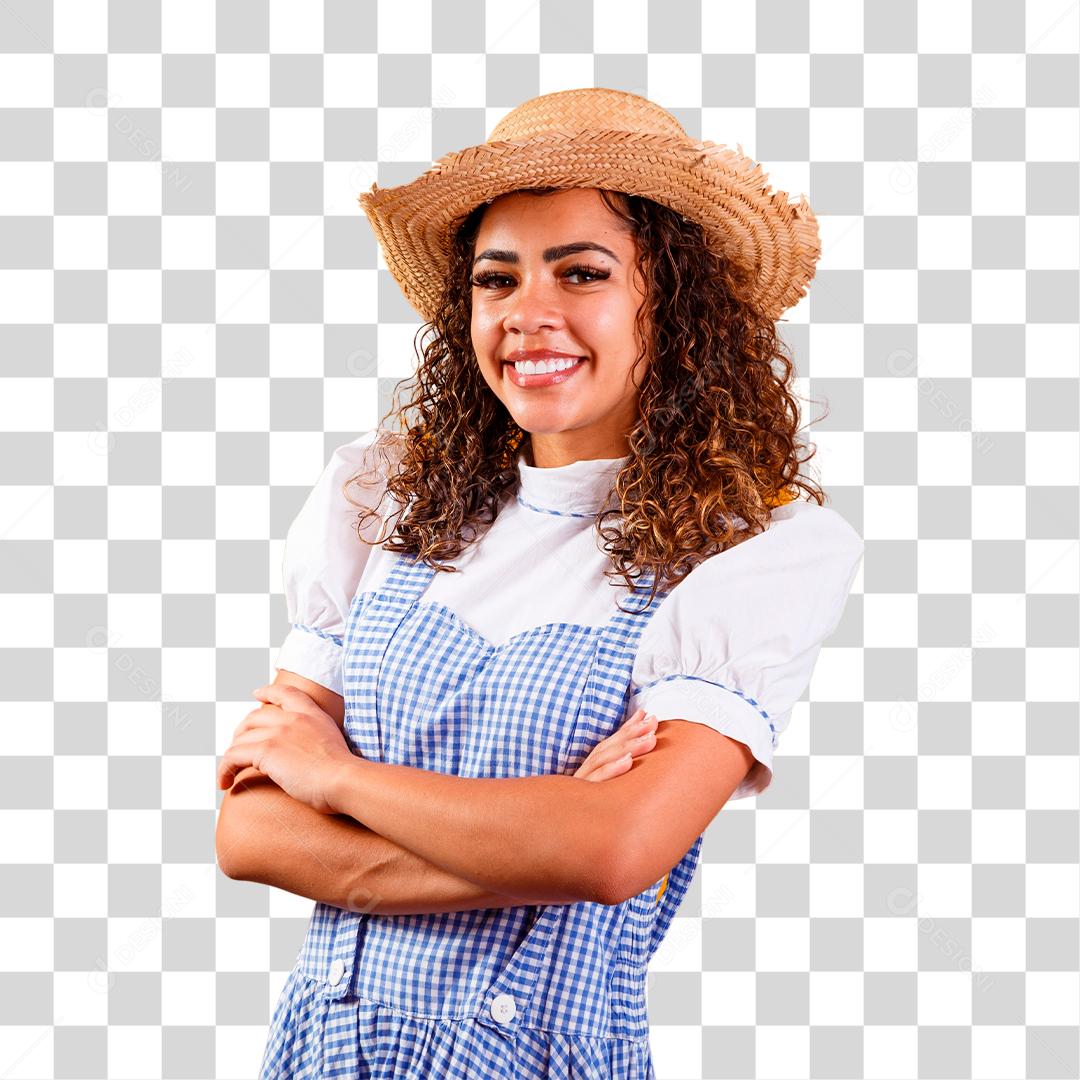 Mulher brasileira vestindo roupas típicas para a Festa Junina com braços cruzados