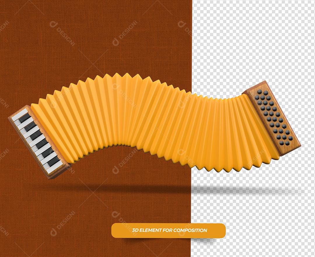Elemento 3D Acordeão de São João Amarelo para Composição PSD