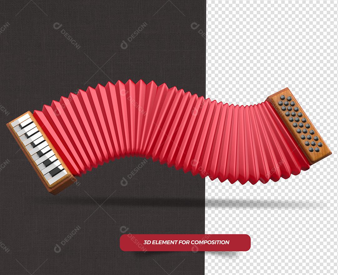 Elemento 3D Acordeão de São João Vermelho para Composição PSD