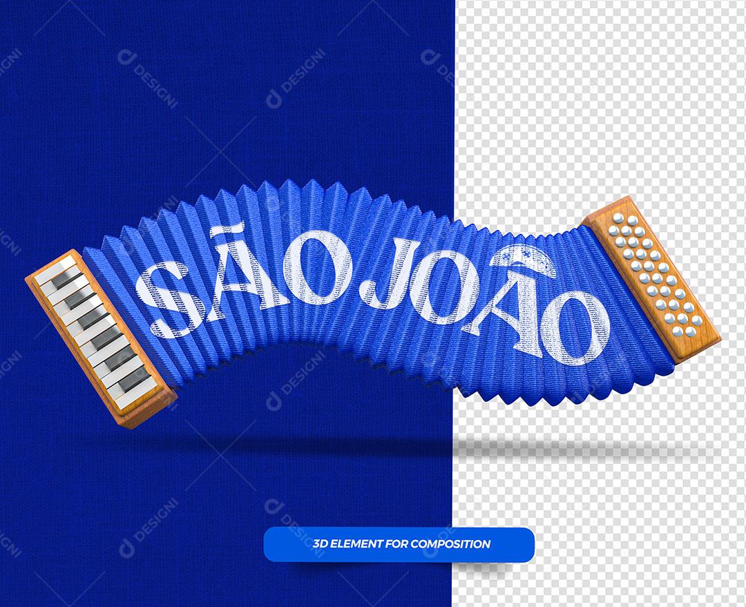 Elemento 3D Acordeão de São João Azul para Composição PSD