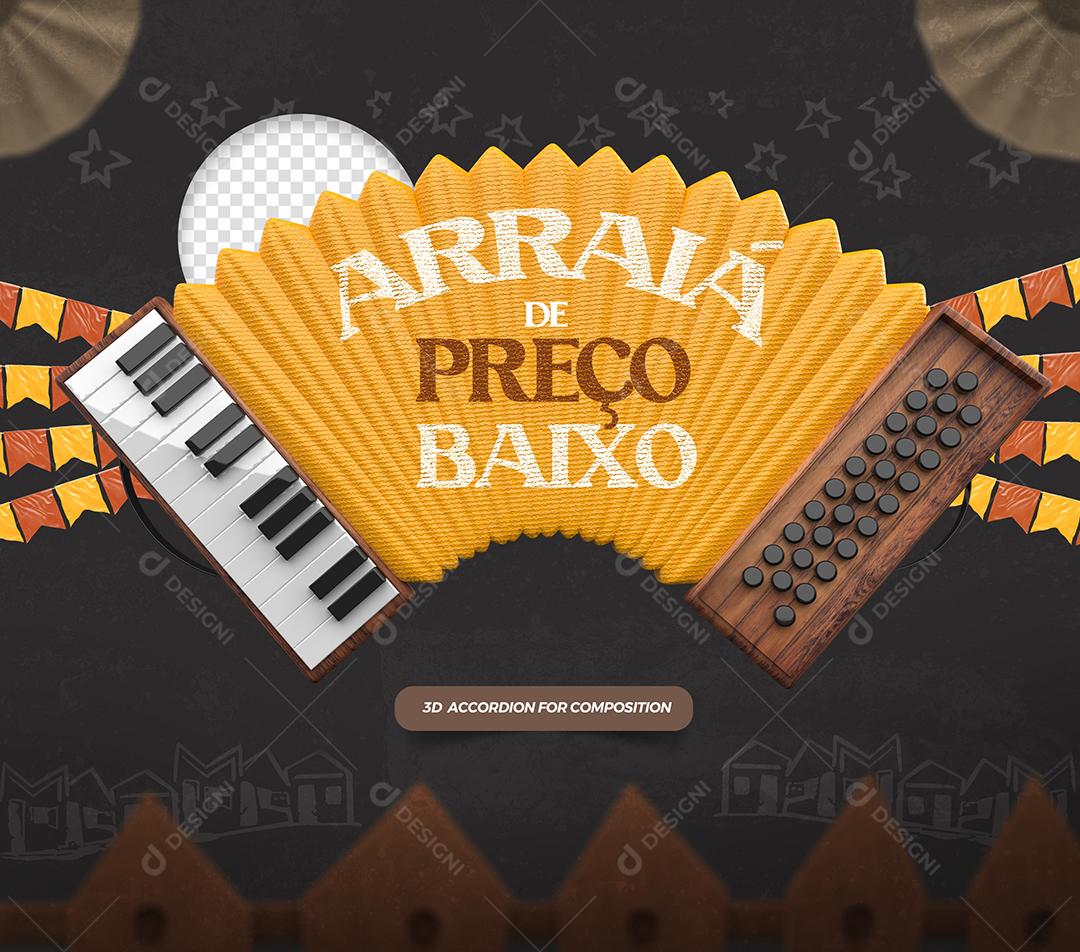 Elemento 3D Acordeão Arraiá de Preço Amarelo Baixo para Composição PSD