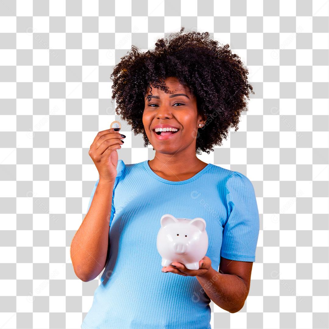 Mulher segurando moedas dinheiro cofre porco rosa