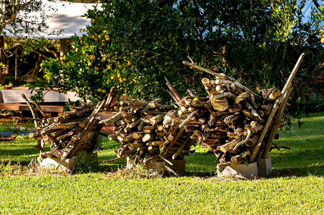 Jardim com pilhas de lenha, lenha organizada no jardim