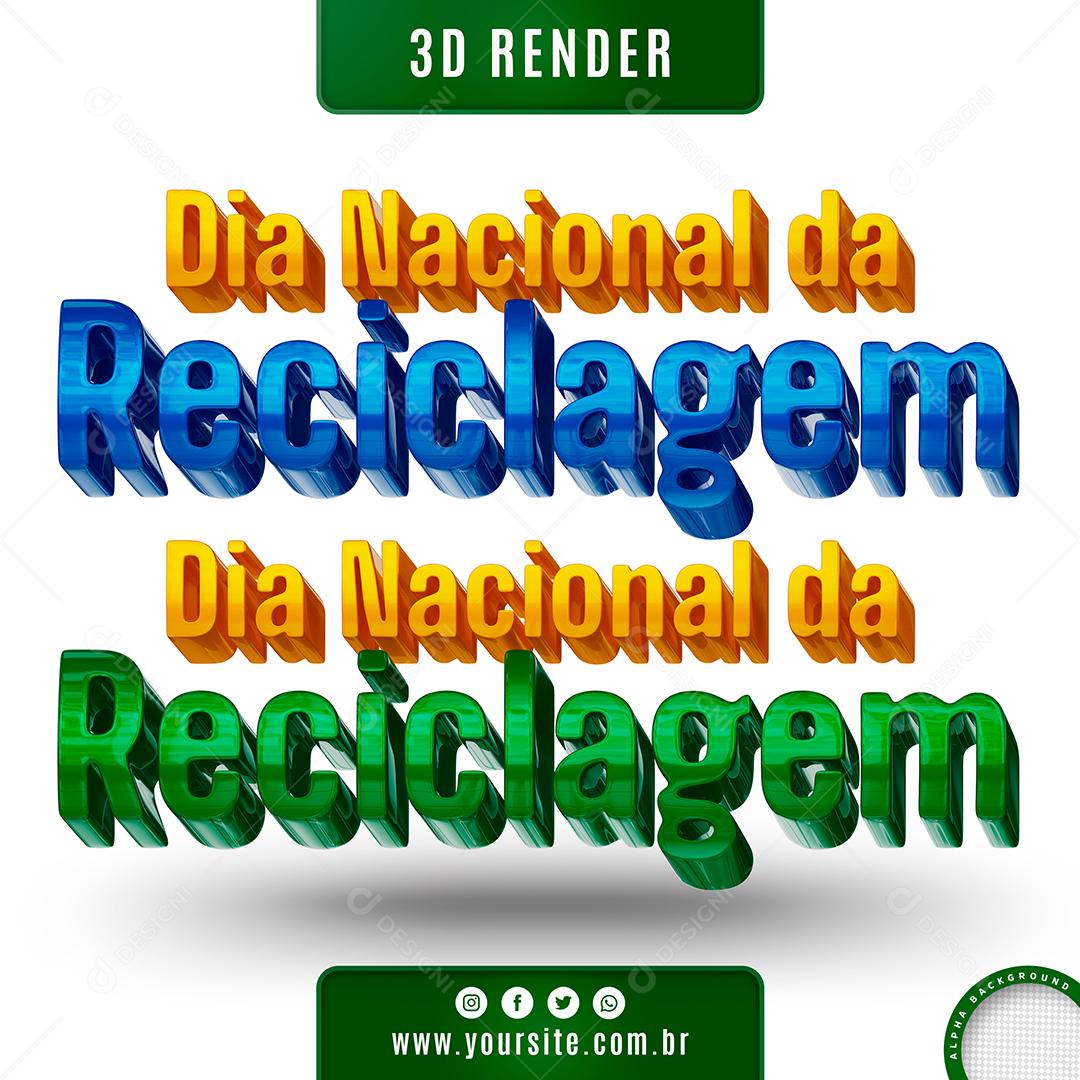 Dia Nacional da Reciclagem Texto 3D Amarelo e Azul para Composição PSD